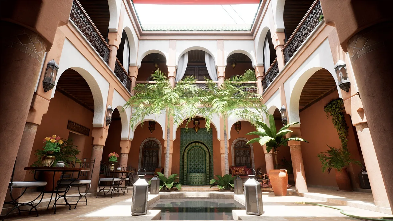 فناء معماري مضاء في ضوء ذهبي